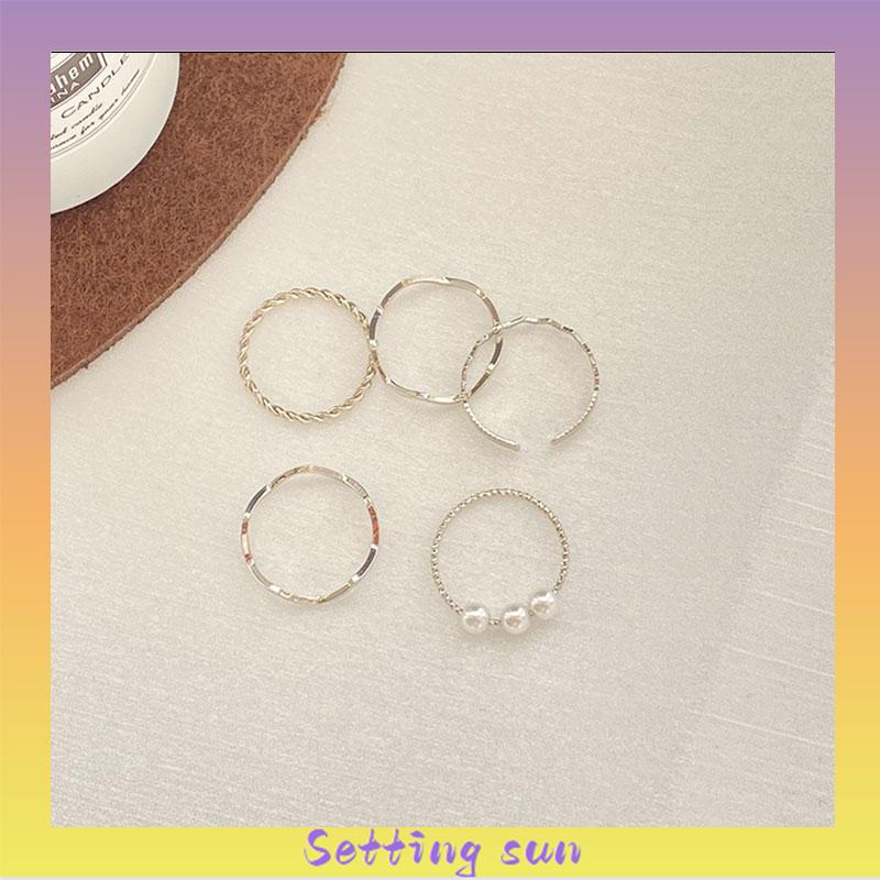 5 pcs Cincin Set Fashion Aksen Berlian Imitasi Mutiara Untuk Wanita TN