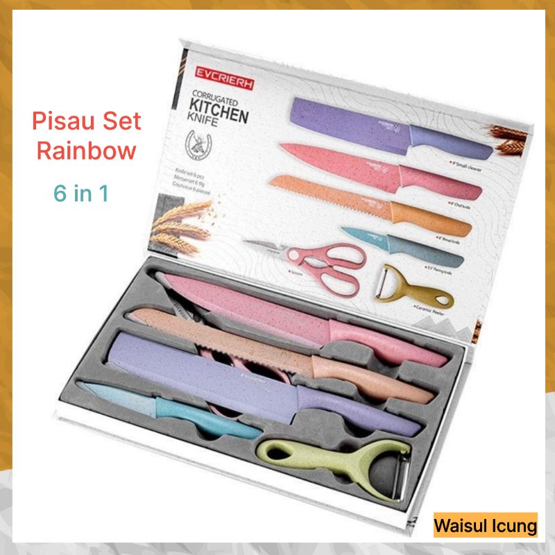 Pisau Dapur Aesthetic Set Rainbow Pisau Warna Jerami Keramik Marmer Stainless Knife Anti Lengket Isi 6 in 1  Peralatan Masak Pisau PREMIUM