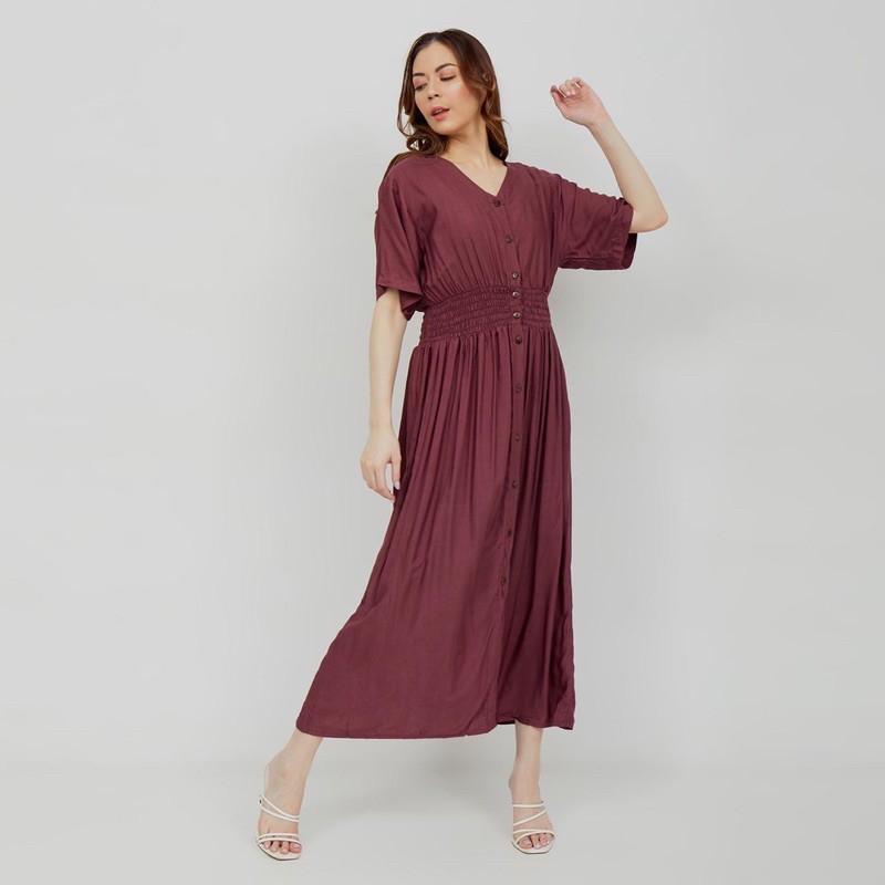 BiWi - Dress Rayon Longdress Daster Bali Babydoll Panjang Lengan Kancing Depan Full Busui Friendly (