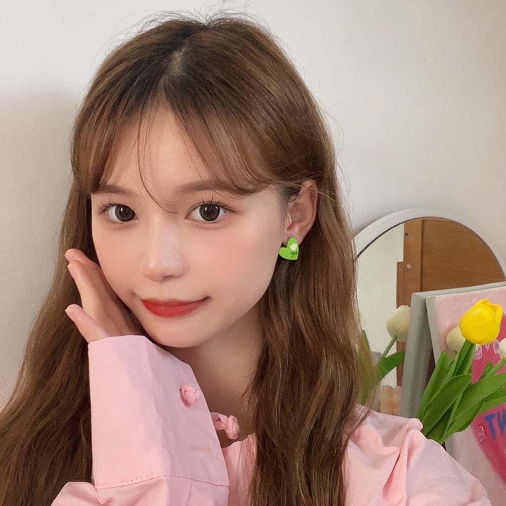 Mxbeauty Anting Tusuk Bunga Pink Hijau Asimetris Anting Wanita Tulip Anting Musim Panas Anting Gaya Korea