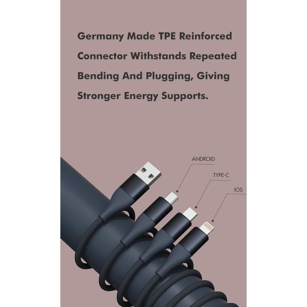 SOLOVE Kabel Charger 3 in 1 Micro USB + Lightning + USB Type C 1.2 Meter 2.4A