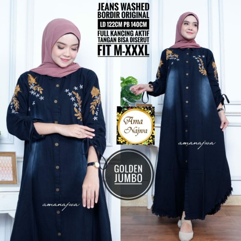Tunik Jeans Jumbo Terbaru Ld 120 PB140 Fit XXL Bordir Timbul Original Ama Najwa / Golden