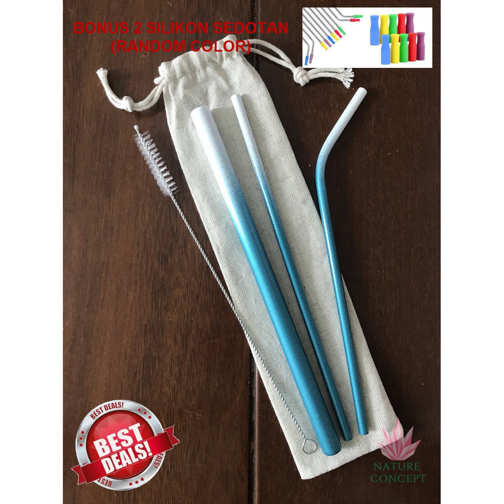 Stainless Steel Straw Sedotan Minuman 2 Warna Two Tone (SET 5 in 1) Terbaru BONUS 2 SILIKON SEDOTAN