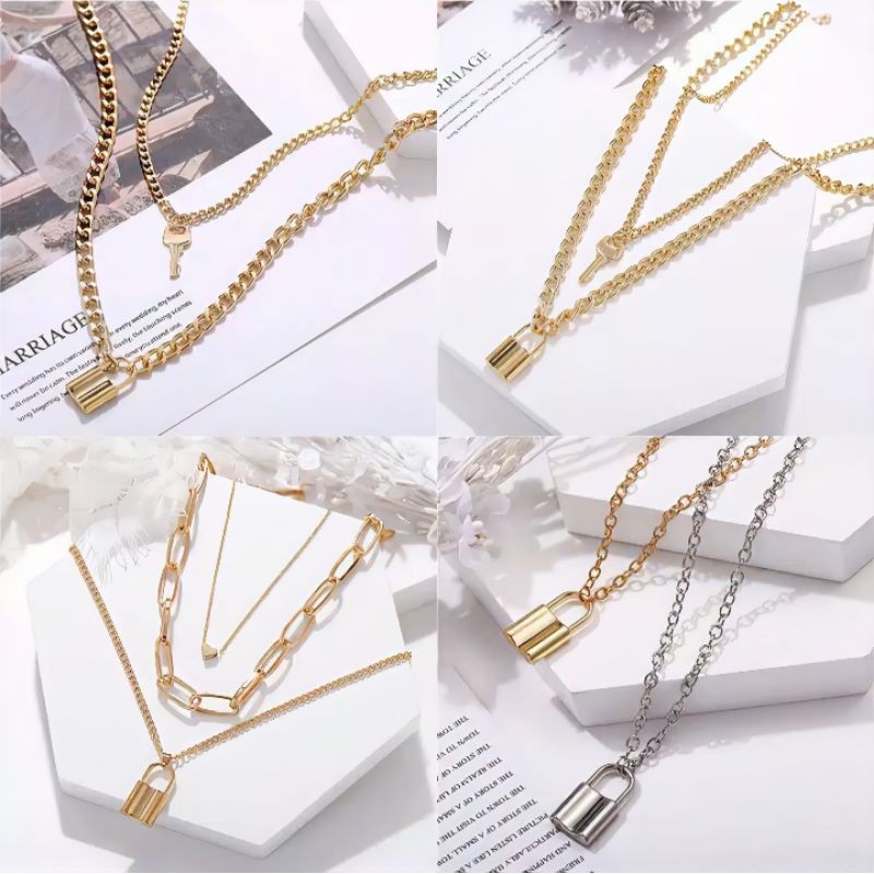 Kalung Rantai 3 Layer Liontin Gembok Hati Retro Simple Kreatif dan Bros Dada Branded untuk Wanita