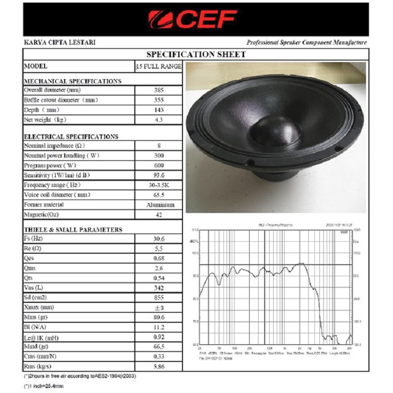 Speaker 15 Inch Full Range/Keyboard 8 Ohm 600W untuk Alat Musik Berkualitas