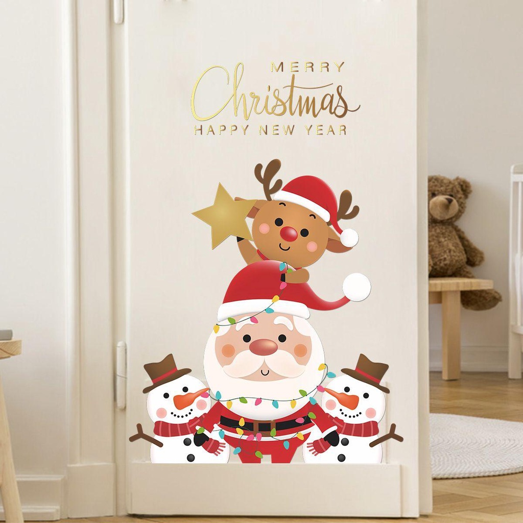 R-bunga Stiker Dinding Dekorasi Rumah Kartun Santa Claus Snowman Xmas Poster Pintu