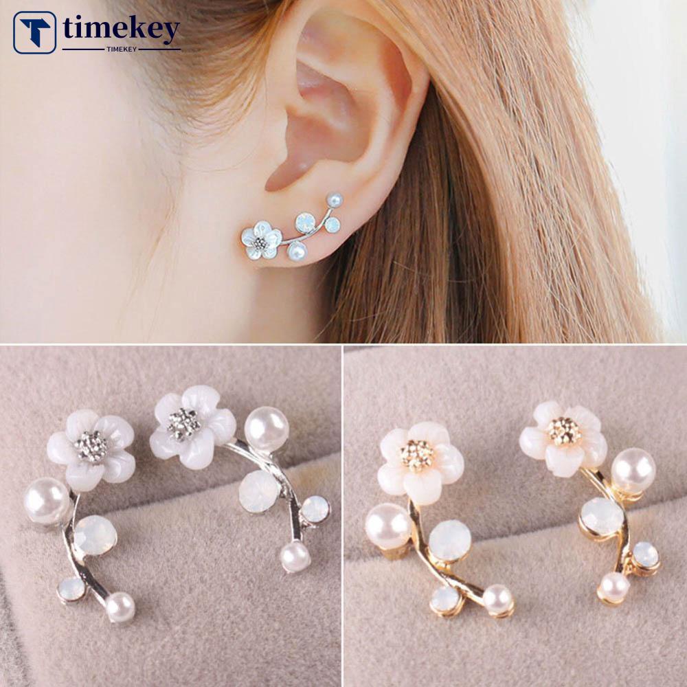 Timekey 1 Pasang Anting Tusuk Desain Daun Hias Kristal Berlian Imitasi Untuk Wanita / Hadiah A5K9