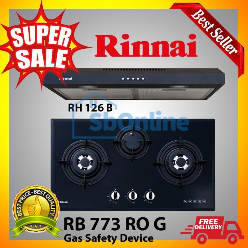 RINNAI Paket Kompor Tanam 70 cm 3 Tungku &amp; Cooker Hood 60 cm - RB 773 RO G &amp; RH 126 B