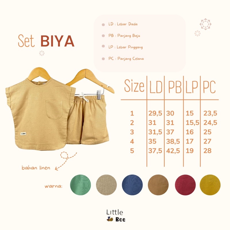 Set BIYA Stelan Pendek Celana Pendek Anak Laki-Perempuan Unisex 1-5th bahan Linen