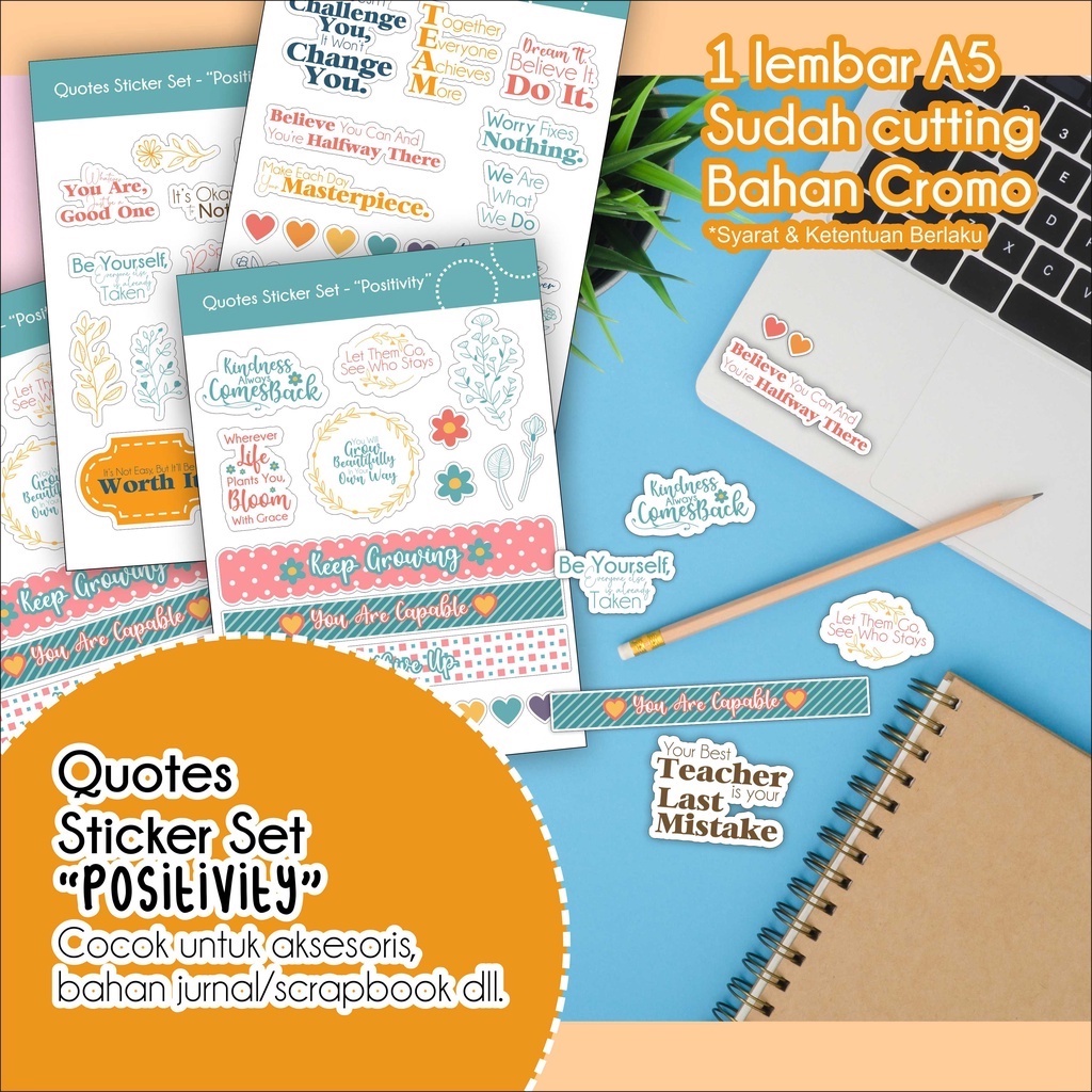 

Stiker Set "Positive Quotes" - Stiker Dekorasi dll - Ukuran A5, Bahan Cromo - KISSCUT