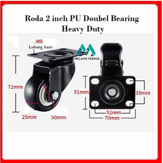 Roda 2 inch PU+Bearing (1set:4pcs 2H+Hrem) caster Troli Rubber karet 2