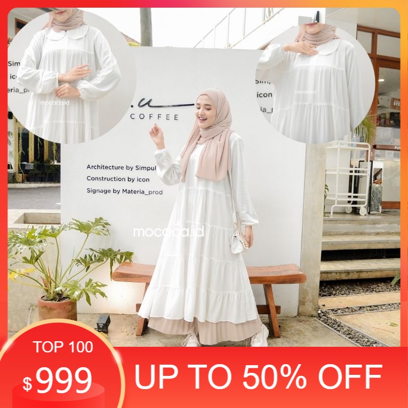 Kzs-midi dress susun kerah renda katun rayon twill premium hitam putih babydoll long tunik babyblue