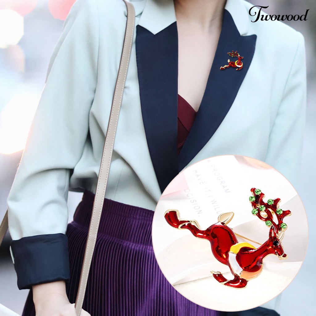 Twowood Christmas Deer Shape Brooch Pin Rhinestone Alloy Cute Animal Elk Red Enamel Pin Friends Gift