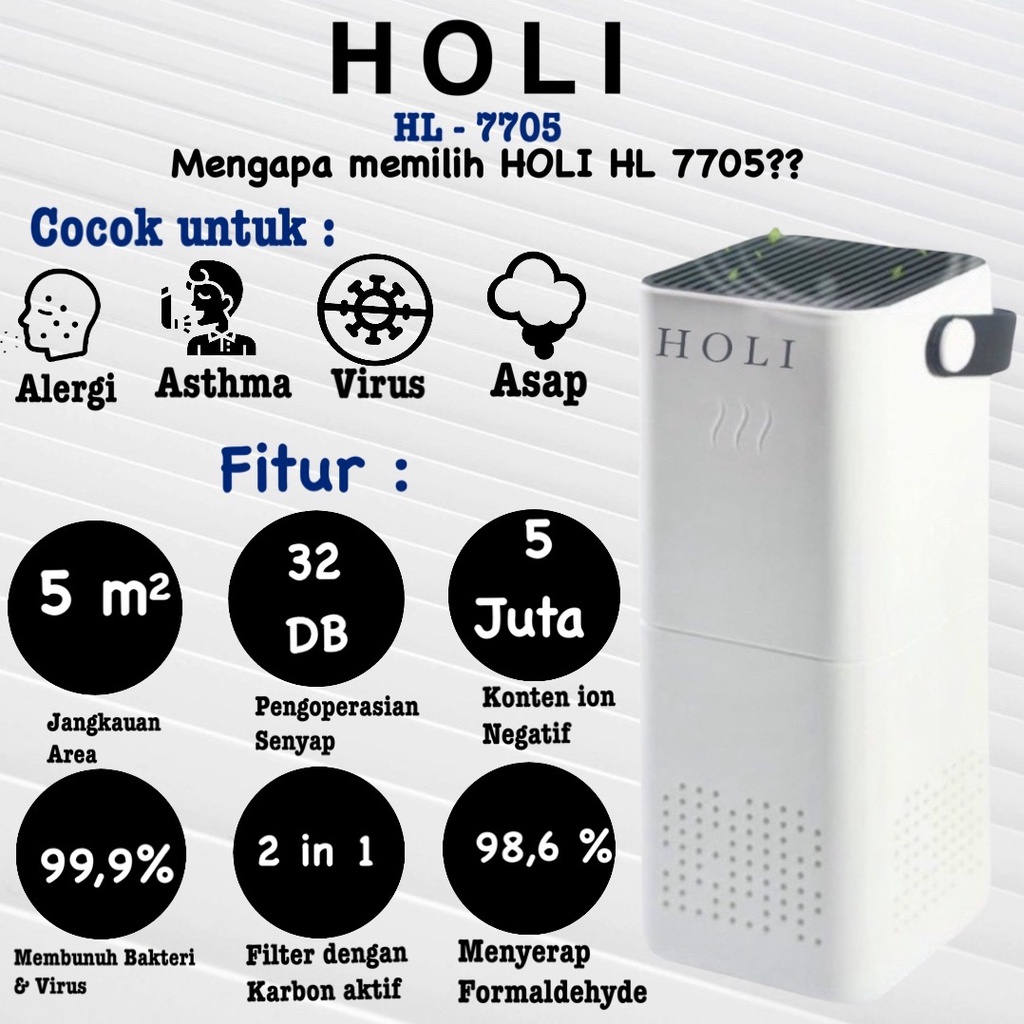 HOLI HL-7705 Portable Air Purifier Mini HEPA Filter Ion Negatif Anion