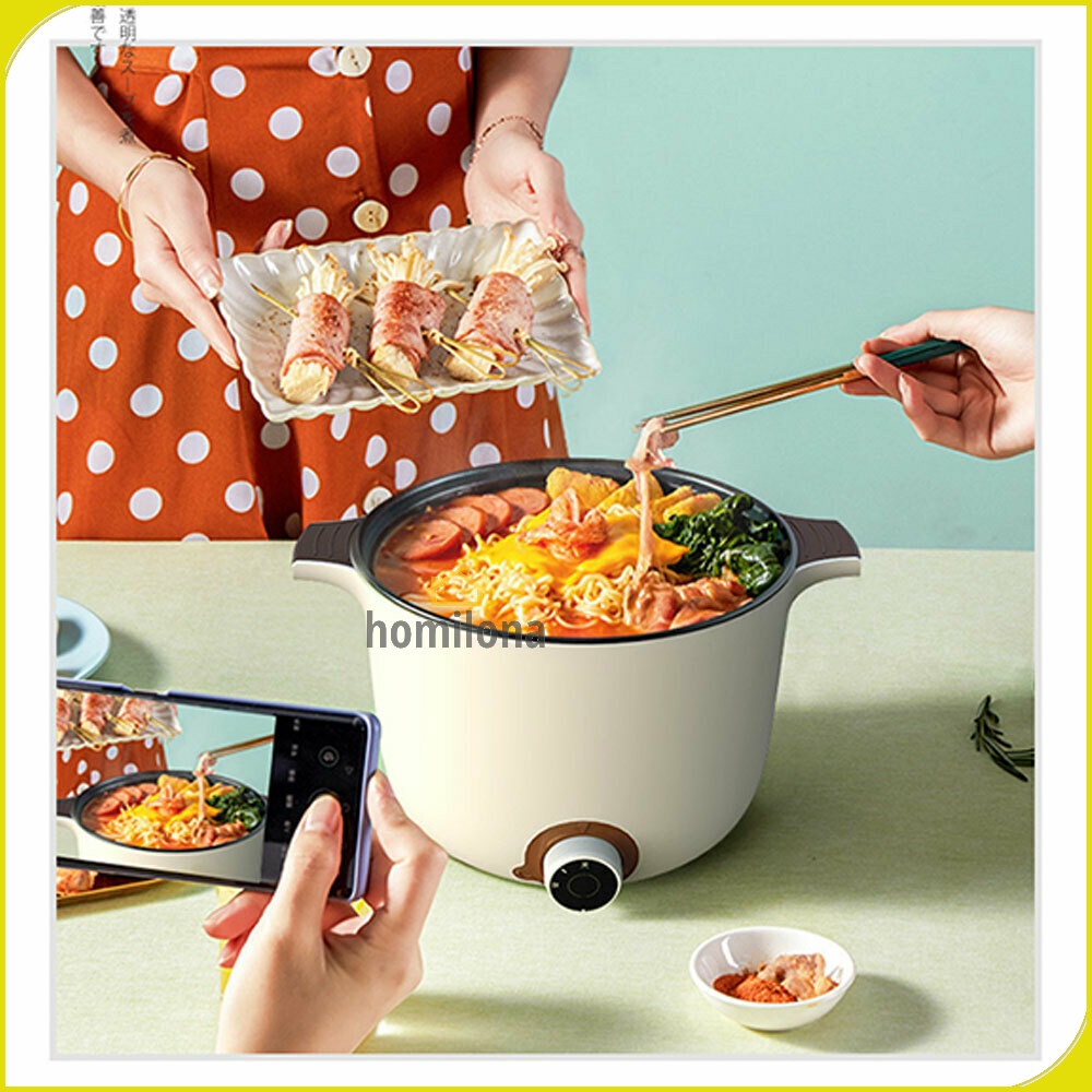 Panci Listrik Mini Multifunctional Electric Cooker Skillet Household Frying 600W 1.5L with Optional Steamer - Trifate AJL-A1301 - White Pink