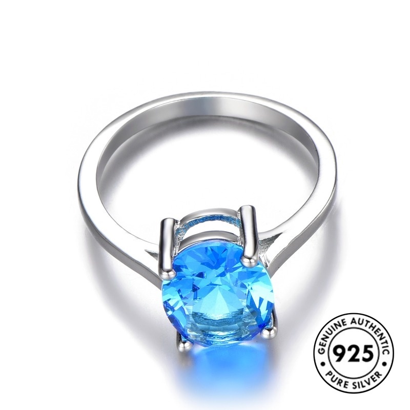 Cincin Sterling Silver 925 Klasik Dengan Kristal Warna Biru Untuk Wanita