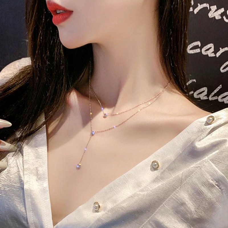 Kalung 2 Layer Titanium Anti Karat Berlian Mewah Klasik Korea Perhiasan Wanita