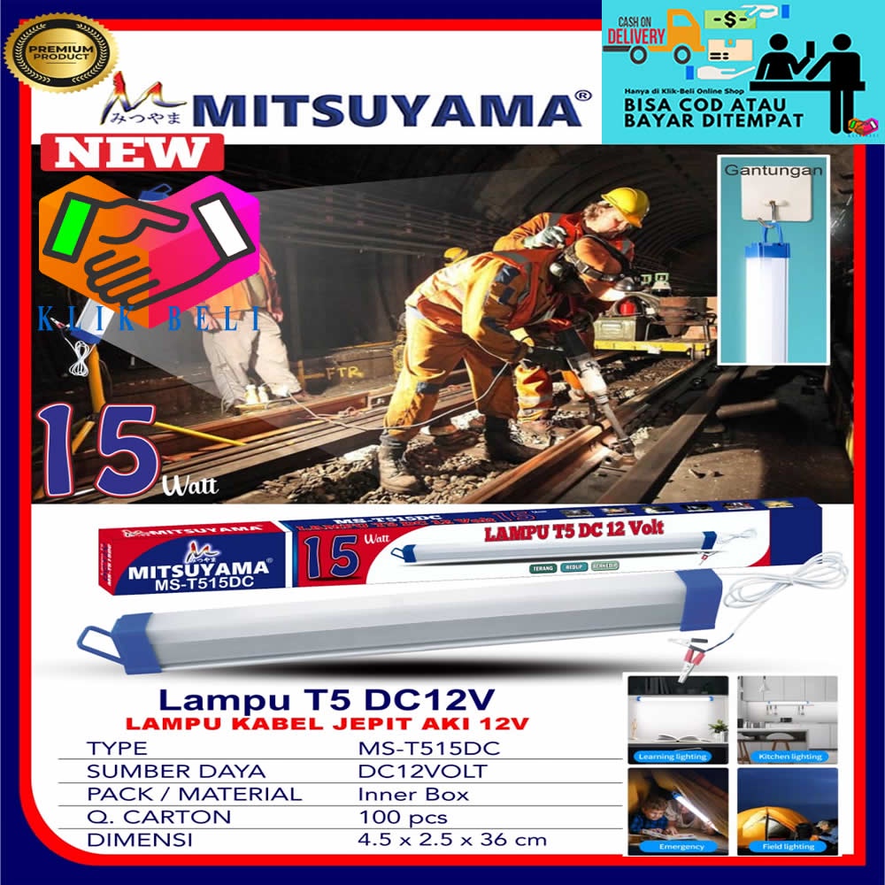 Lampu T5 DC 12V Jepit Aki Baterai LED Bohlam TL SMD Putih Mitsuyama 10W / 15W / 30W