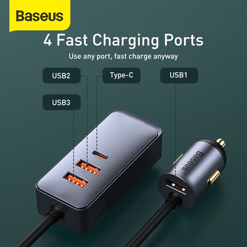 BASEUS Car Charger Adaptor Mobil 4 Port Output 3 USB + Type C Fast Charging 120W Xiaomi Oppo Vivo