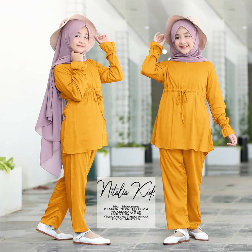 baju tunik anak perempuan setelan tunik anak perempuan 6_12 tahun baju anak perempuan baju anak perempuan terbaru 2022 baju setelan anak perempuan polos umur 6-12 thn-Mustard