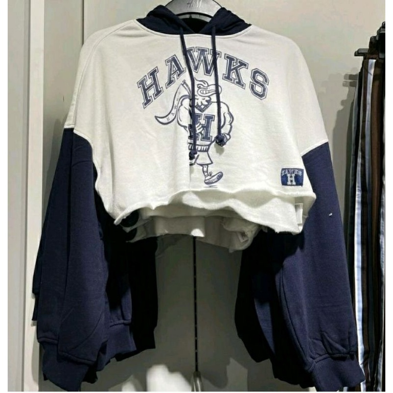 [READY STOK] H&M HOODIE CROP HAWKS NAVY PUTIH OVERSIZED  BEST SELLER ORIGINAL STORE/ JASTIP