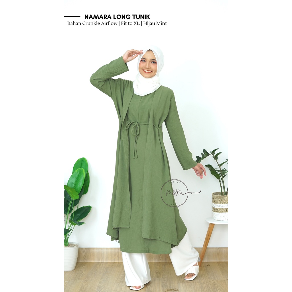 Namara Long Tunik  Crinkle  Jumbo polos model tali pinggang Busui Import Premium Fit to XL Ld 112Terbaru Kekinian