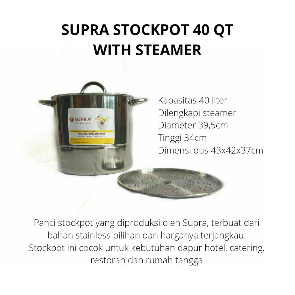 SUPRA STOCKPOT 40QT WITH STEAMER PANCI STAINLESS DAN KUKUSAN PANCI STOCKPOT SUPRA 40QT