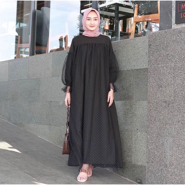 Hanabi Dress Kondangan Mewah Bahan Moscrepe mix Tulle Dot Ukuran M - XXL / Dress Pesta Kekinian / Dress Wanita Muslim Terlaris / Dress Remaja / Dress Pesta Murah