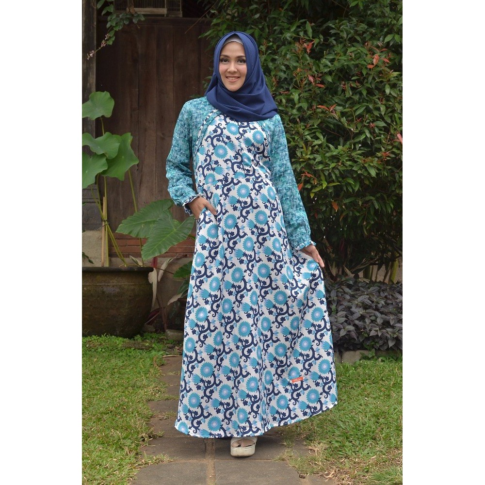 Baju gamis nibras kombinasi vest tempel motif bunga warna maroon tosca NIBRAS NS 33