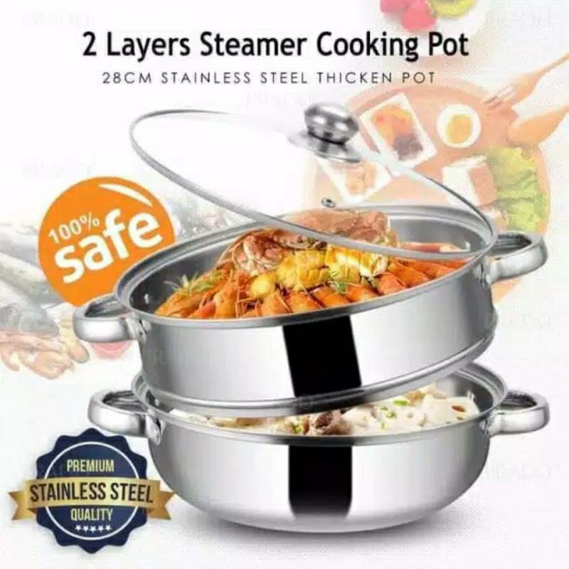 [BISA COD] Panci Kukus 2 susun Kukusan Double Stainless Steel Steamer Pan Dandang 2 layer cooking pot 2in1