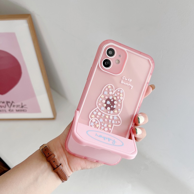 Casing iPhone 11 12 13 Pro MAX X XR XS MAX 7 8 Plus Motif Kelinci Tulip pink Dengan Stand