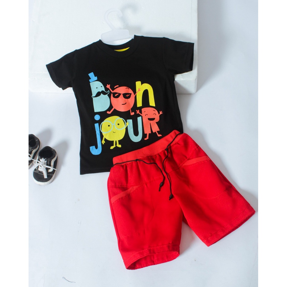 Tokomilkan - Baju Anak Laki-Laki Kaos Bonjour &amp; Celana Pendek – Usia 1–5 Tahun