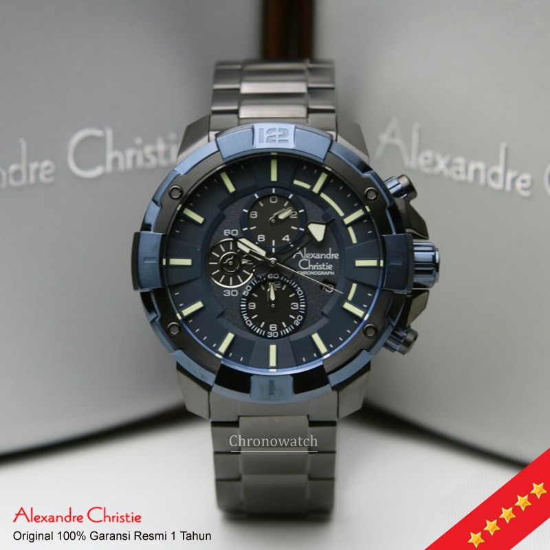 Jam Tangan Alexandre Christie Pria AC 6551 Black Blue Chronograph Original - Alexander 6551 Sport