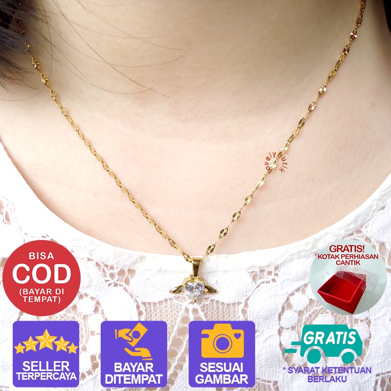 Lovelybutik Kalung Titanium Anti Karat Luci4 Kalung Wanita + Liontin Love W1ng Cristal BONUS KOTAK