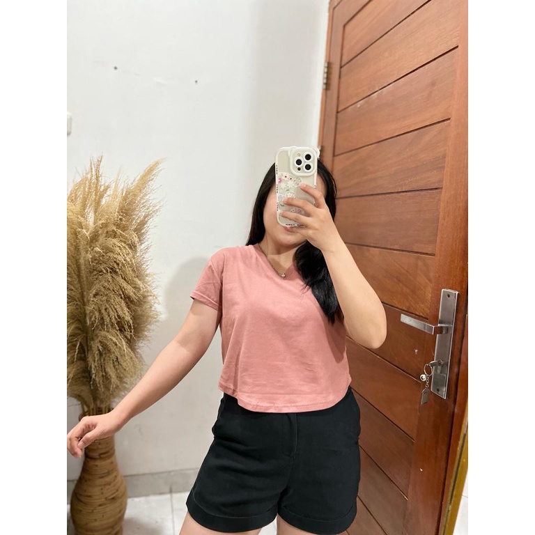 KAOS CROP TOP POLOS VNECK COTTON | CROP V | BAJU KAOS TUMBLR CROP TEE TSHIRT KAOS KOREA FASHION WANITA SAGE BEIGE DUSTY ROSE