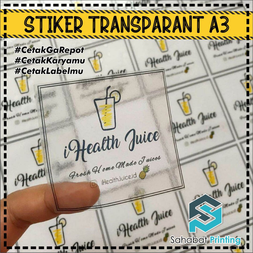 

CETAK PRINT A3 + FULL COLOR STIKER TRANSPARANT BENING LABEL KEMASAN GAMBAR LOGO TULISAN