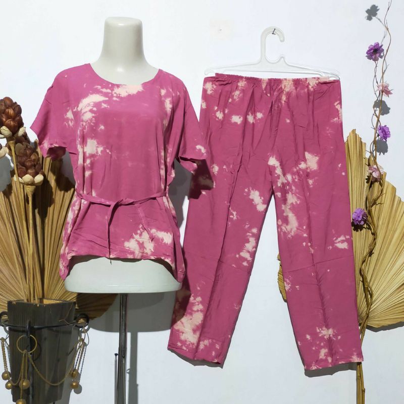 PREMIUM BAJU TIDUR PIYAMA PAJAMAS ONE SET RAYON VISCOSE TIE DYE MOTIF-Teddy 13