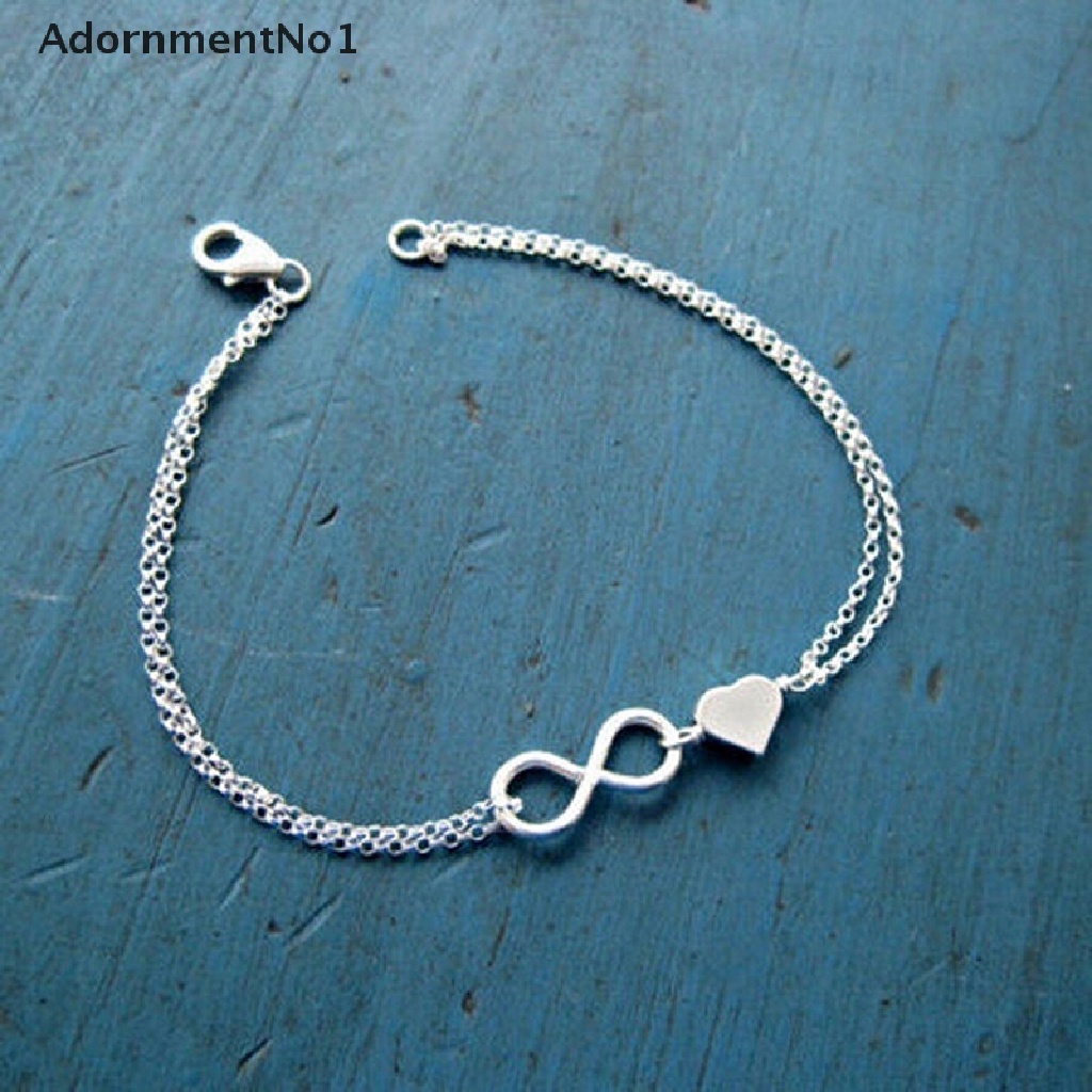 1pc Gelang Rantai Desain Angka 8 Hati Warna Silver