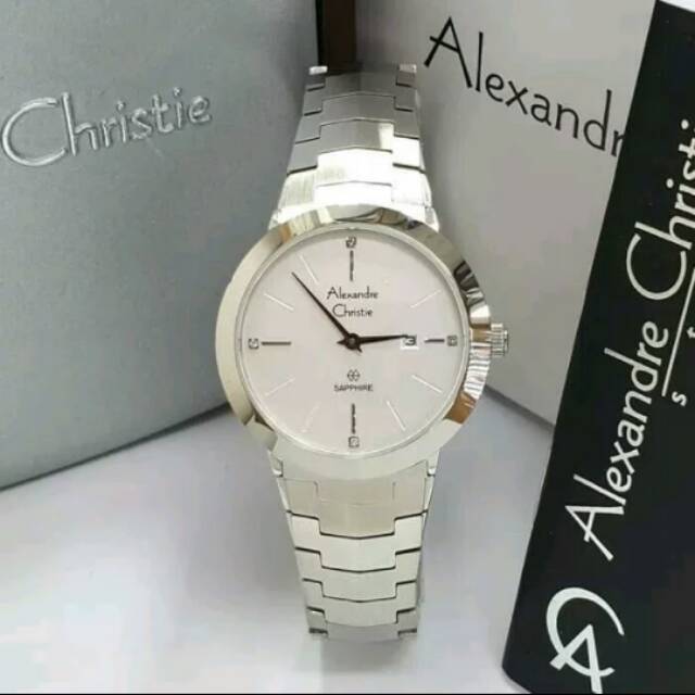 Jam Tangan Wanita Original Alexandre Christie Ac 8568 Silver Plat Putih