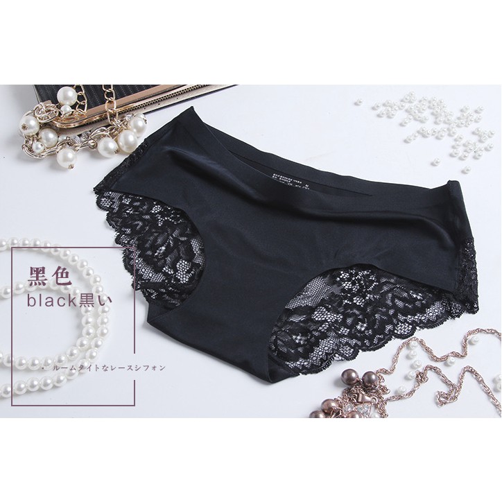 - BISA COD - PREMIUM QUALITY Celana Dalam Wanita Women Panties Renda Lace Sutra Silk Seamless Sexy-Black