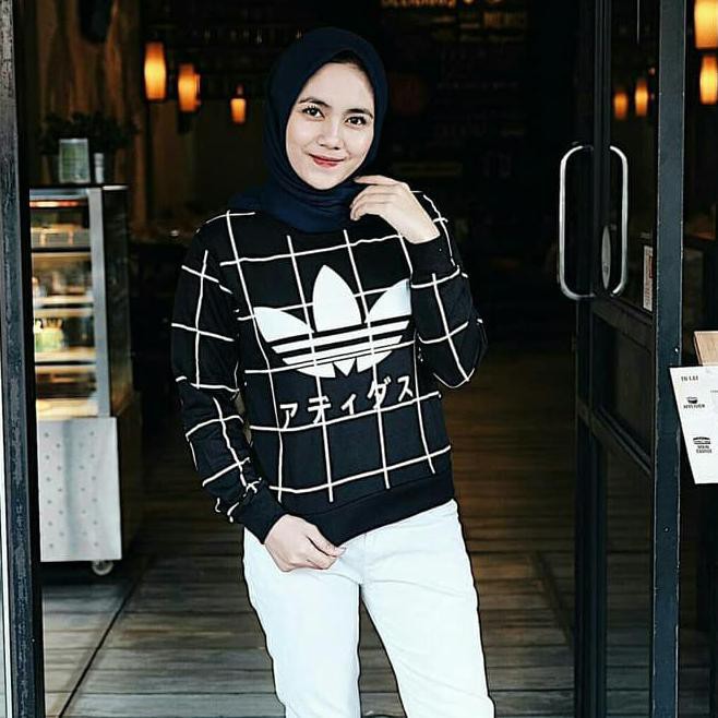 Ivw0 Sweater Crop Adidas Grid Hitam Wanita Xpqc