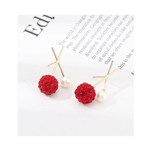 LRC Anting Tusuk Fashion Red Ball And Diamond Cross Earrings With Pearl Alloy K01100