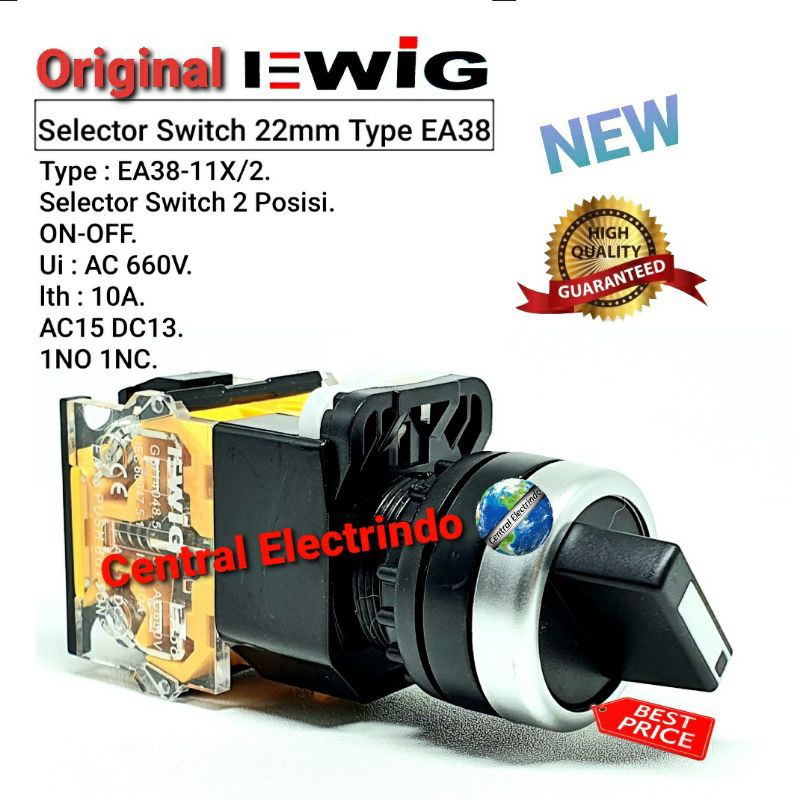 Selector Switch EWIG 22mm EA38-11X/2 2Posisi ON-OFF 1NO 1NC.