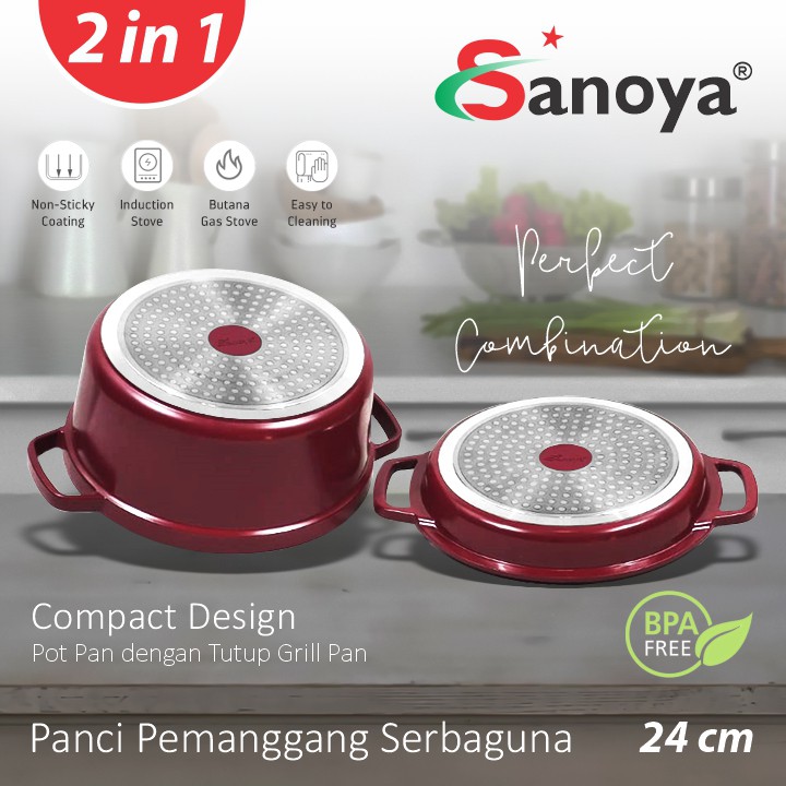 SANOYA GRILL POT PAN 24 CM - Panci Masak Pemanggang 2 in 1 Serbaguna