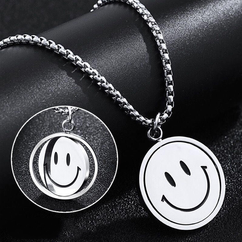 XiaoboACC Kalung Liontin Smiley Face Bahan Titanium Steel Gaya Korea Hip Hop