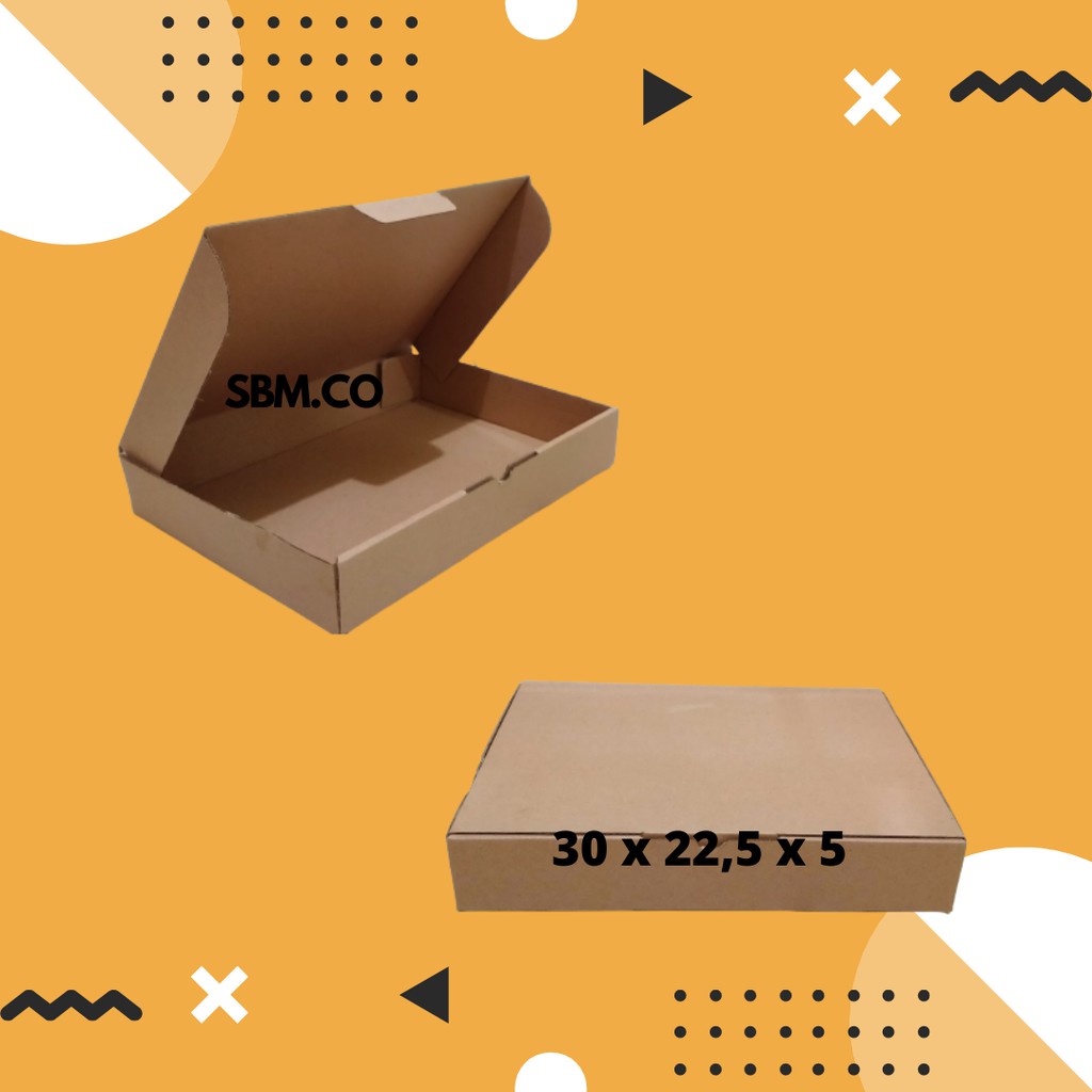 

KARDUS UKURAN 30 X 22,5 X 5 KARDUS PACKING BAJU SOUVENIR PARCEL BROWNIS DIE CUT MODEL PIZZA