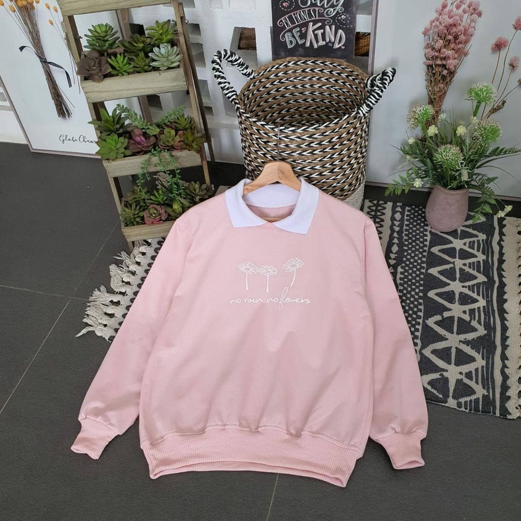 Sweater Wanita Crewneck No Rain No Flower Vintage Style Bahan Fleece