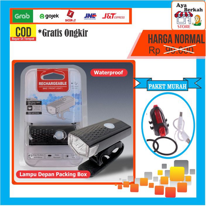 Paket 2in1 Lampu Sepeda LED Light Depan dan Belakang Rechargeable Charger Waterproof Murah JAKARTA