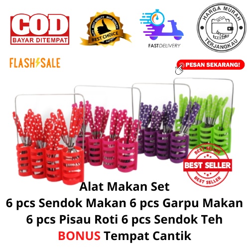 [BISA COD] PROMO Alat Makan Set 24 PCS Motif Polkadot Sendok Garpu Set Pisau Set Sendok Teh Komplit MURAH