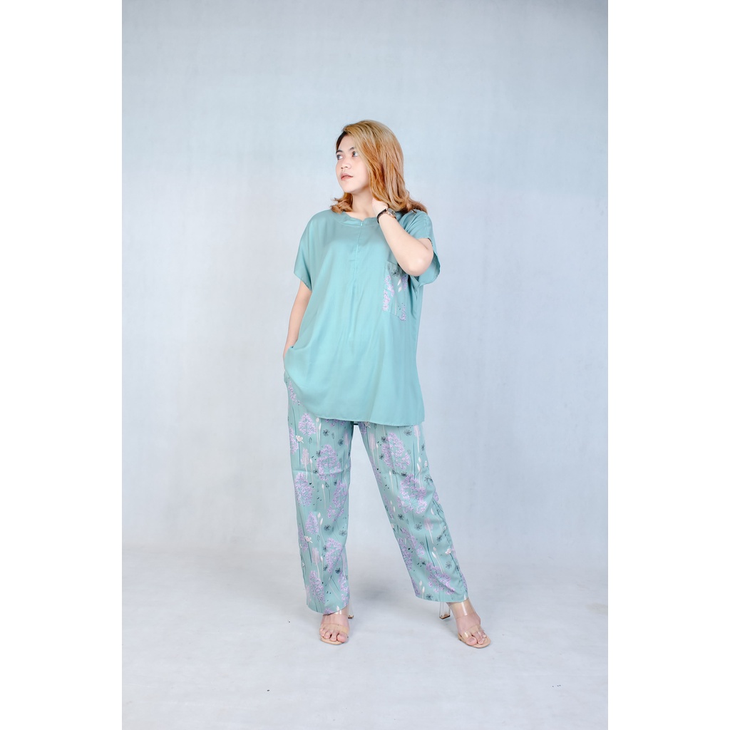 Setelan Piyama Babydoll Lengan Pendek Kekinian Baju Tidur One Set Rayon Premium Wanita Dewasa Busui-Sakura Mint